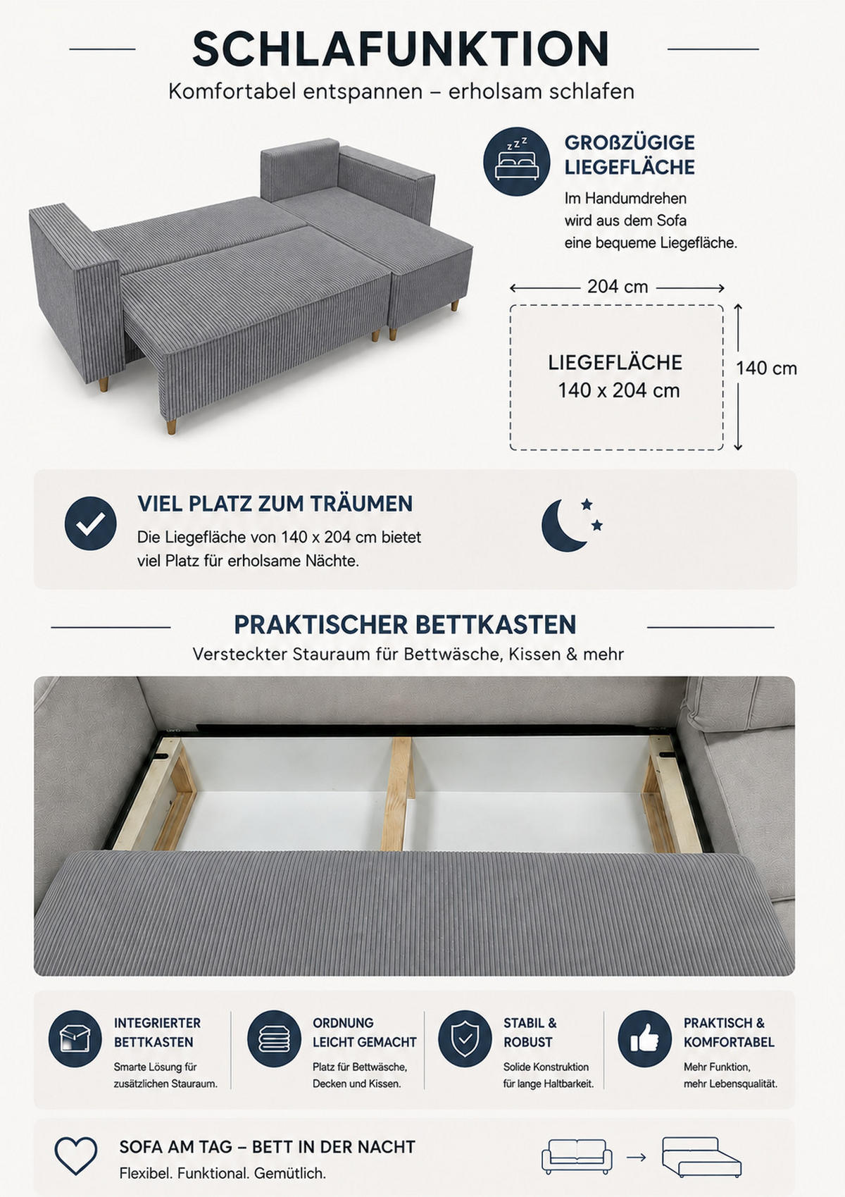 ECKSOFA mit Schlaffunktion und Bettkasten Rio, Ecksofa Cordstoff Hellgrau, Ottomane Universal, 249x142 cm - Hellgrau, Textil (249/142cm) - Marpur