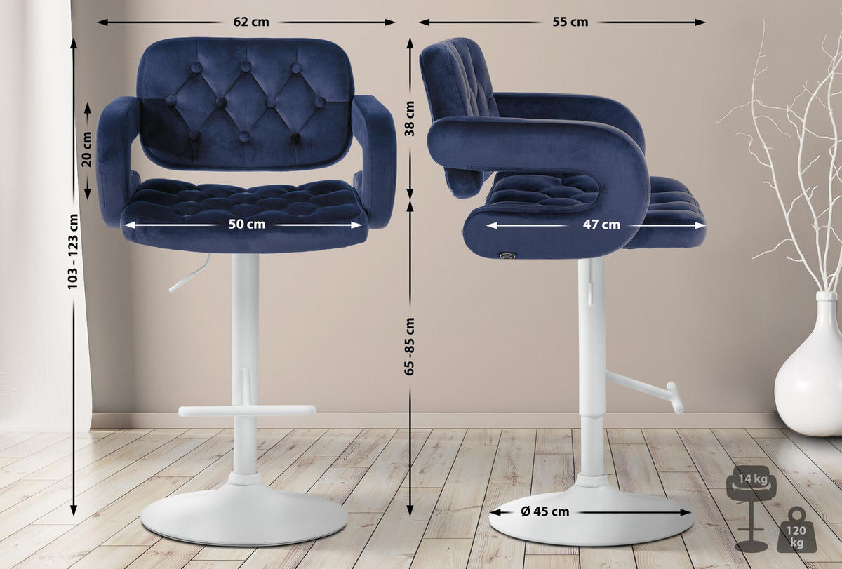 BARHOCKER Samt blau - Blau/Weiß, Textil (62/103/55cm) - CLP