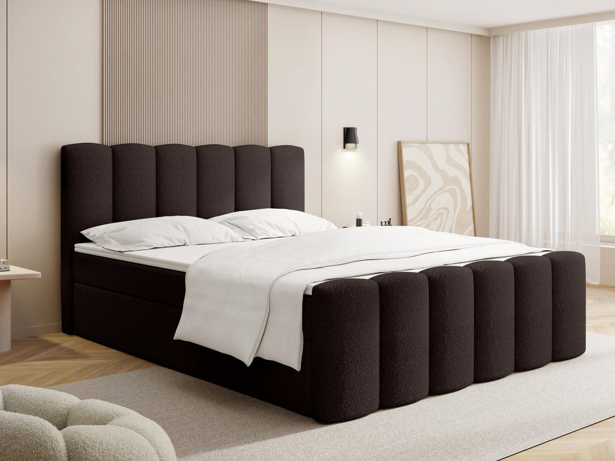 BOXBETT Serenity mit Bettkasten, Boucle Braun 140x200 cm – inkl. H4 Taschenfederkern Matratze & Foam Topper - Schwarz/Braun, Holz/Holzwerkstoff (140/200cm) - WFL GROUP