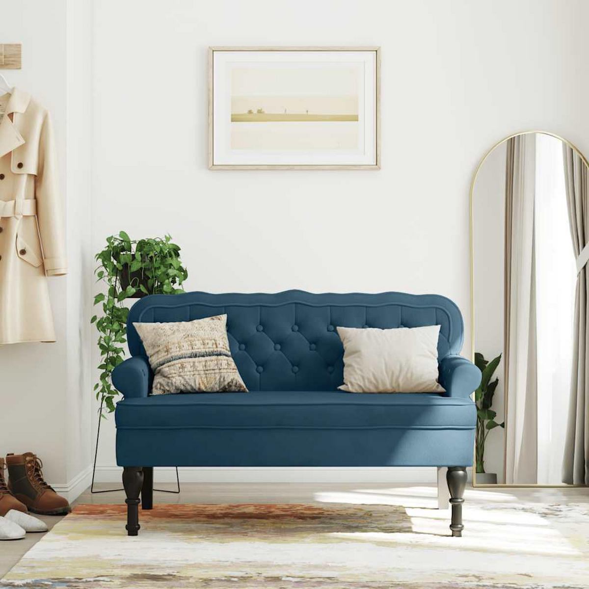 SITZBANK Mit Rückenlehne Blau 119,5/64,5/75 Cm Samt - Blau, Naturmaterialien (64.5/75/119.5cm) - vidaXL