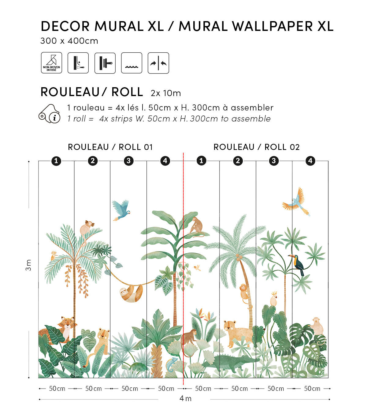 VLIESTAPETE Yatsuni Dschungel Tiere 4 m x 3 m, grün - Waldgrün/Jadegrün, Papier (300/400cm) - Lilipinso
