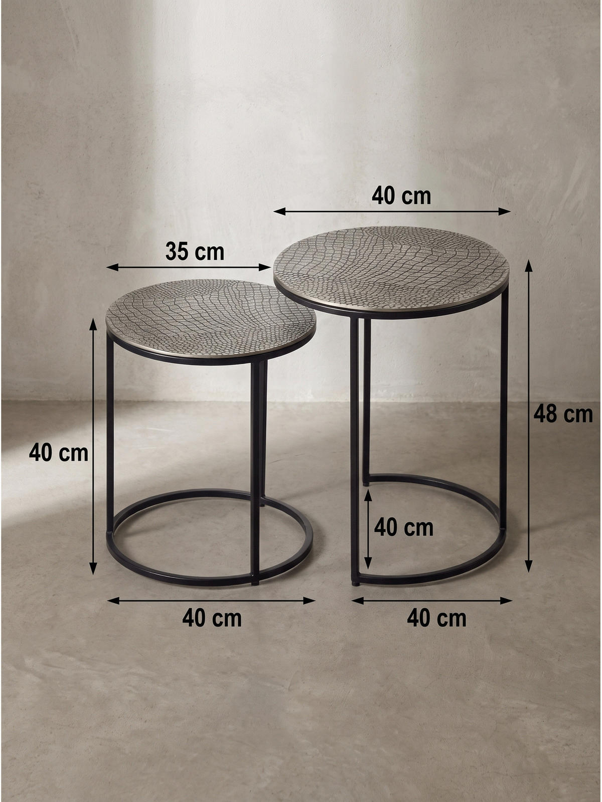 BEISTELLTISCHE 2er-Set VIENNE, Aluminium, handgefertigt, Silber, Ø 40 x 48 cm - Silberfarben/Schwarz, Metall (40/40/48cm) - KADIMA DESIGN
