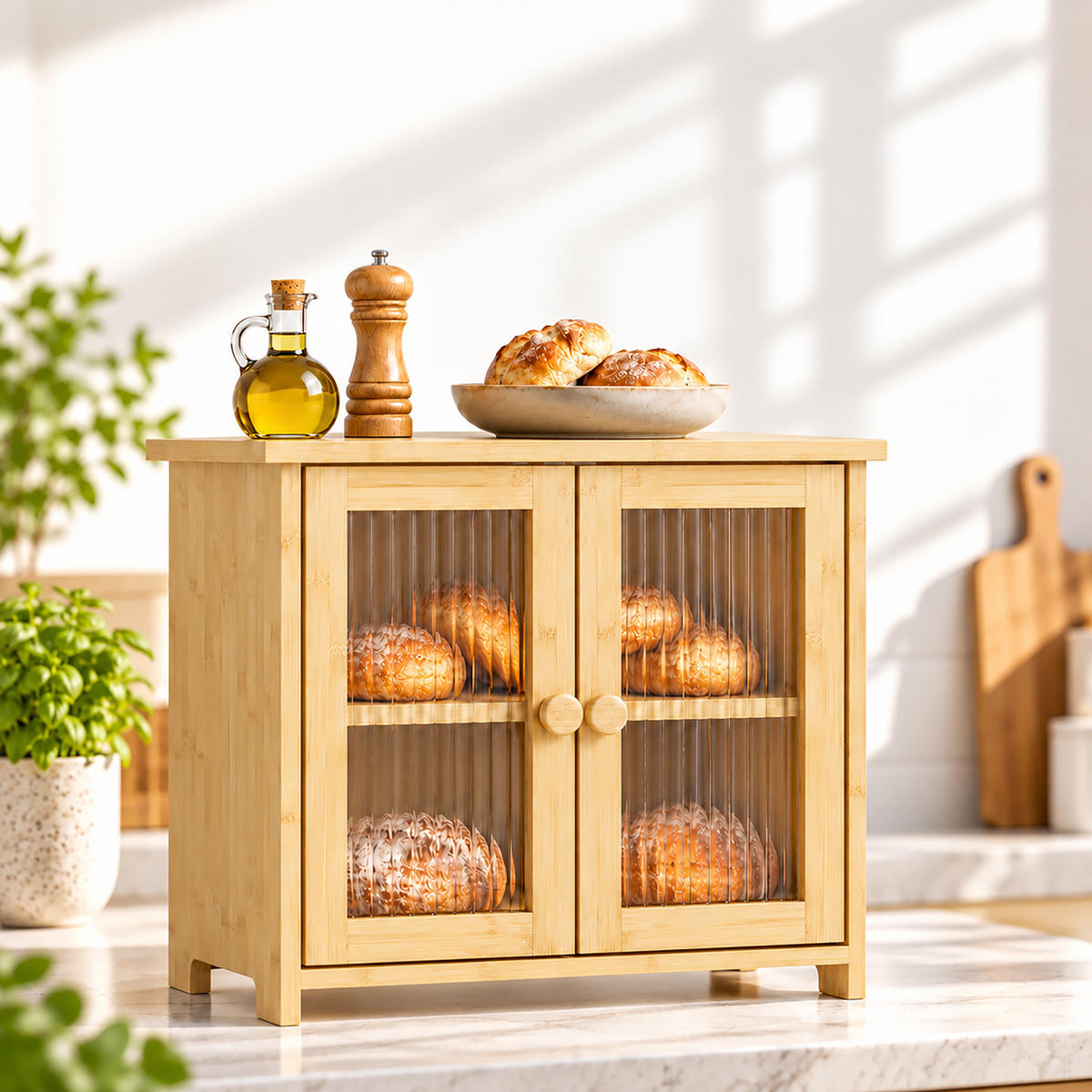 BROTKASTEN Natur Bambus 2 Etagen Sichtfenster 34x36x22 cm - Hellbraun, Holz/Kunststoff (36/34/22cm) - Relaxdays