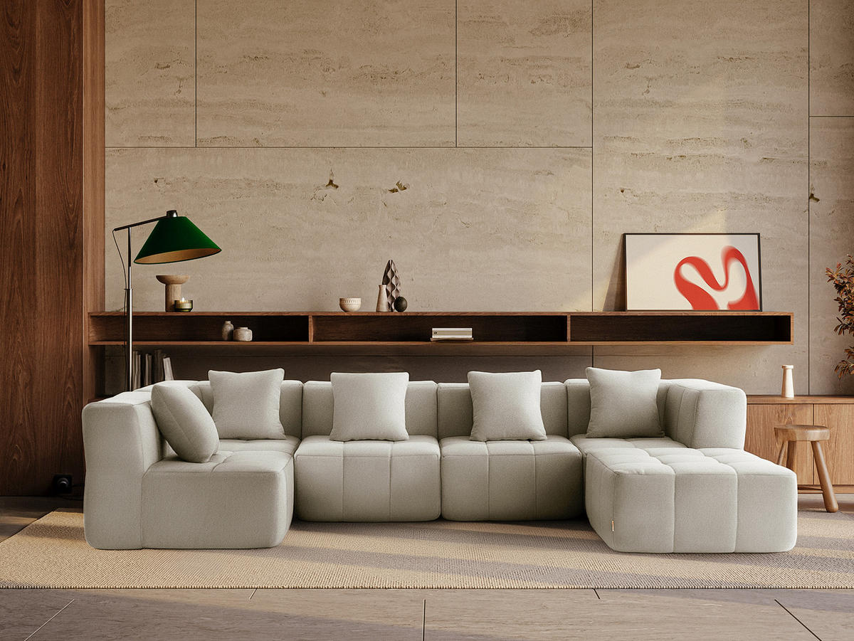WOHNLANDSCHAFT Bouclé-Stoff Steinbeige - Greige, Textil (340/73/190cm) - MILYsofa