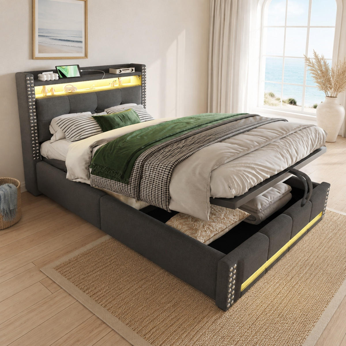 POLSTERBETT 90/200 mit LED, USB, Bettkasten, Einlegeböden und Lattenrost in Grau - Grau, Holzwerkstoff/Textil (90/200cm) - EVRYAE