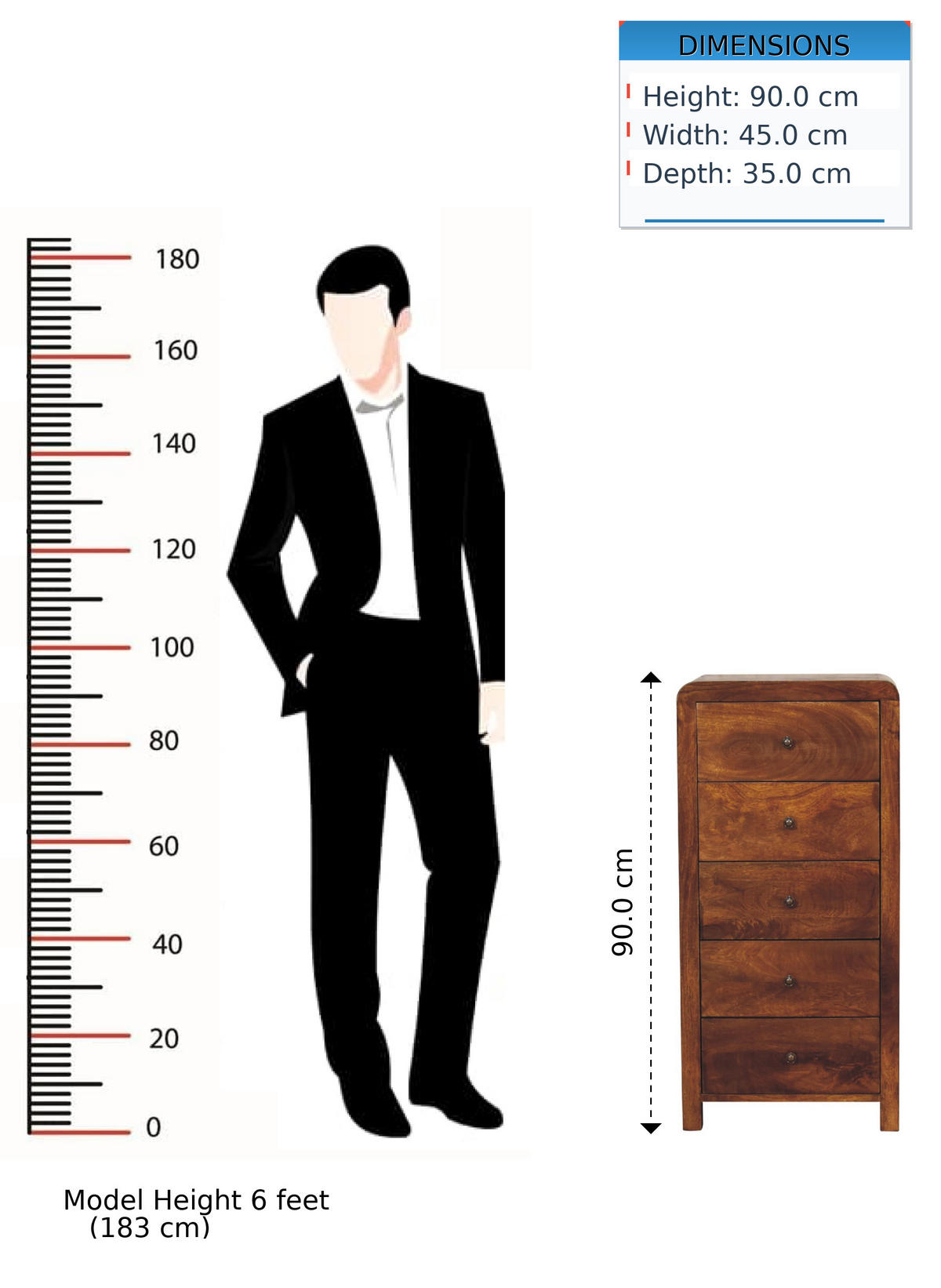 KOMMODE Aspen mit 5 Schubladen, Braun - Messingfarben/Braun, Mangoholz/Holz (45/90/35cm) - Artisan Furniture