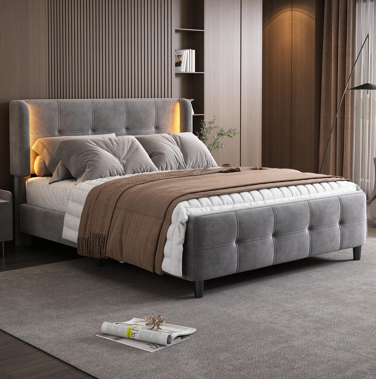 SAMT-POLSTERBETT 140/200 cm mit LED-Beleuchtung und verstellbarem Kopfteil - Grau, Textil (140/200cm) - BEAOK