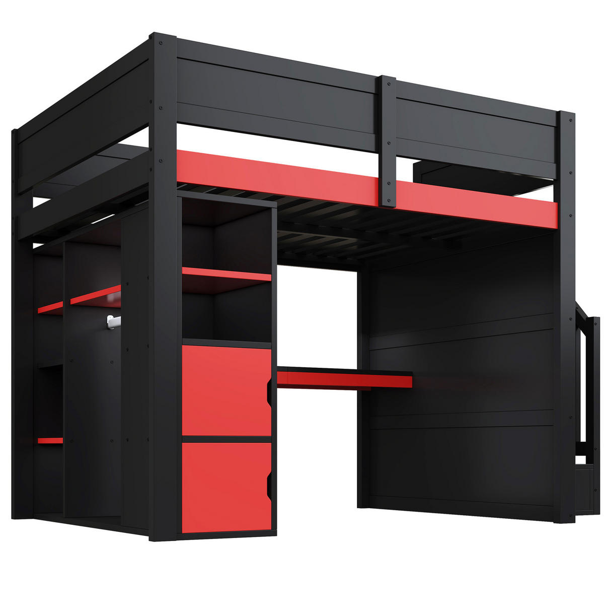 HOCHBETT aus MDF und Sperrholz 140x200 cm Schwarz-Rot mit Schreibtisch, LED-Beleuchtung und Stauraumtreppe - Schwarz, Holzwerkstoff (140/200cm) - IVMEU