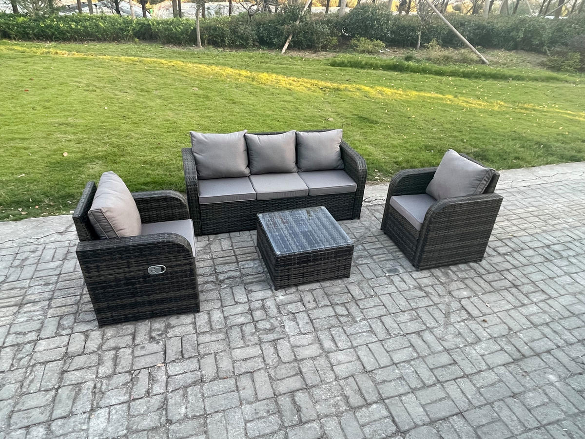 GARTENMÖBELGARNITUR mit KISSEN Polyrattan Dunkelgrau 5-Sitzer - Dunkelgrau/Grau, Glas/Kunststoff - Fimous