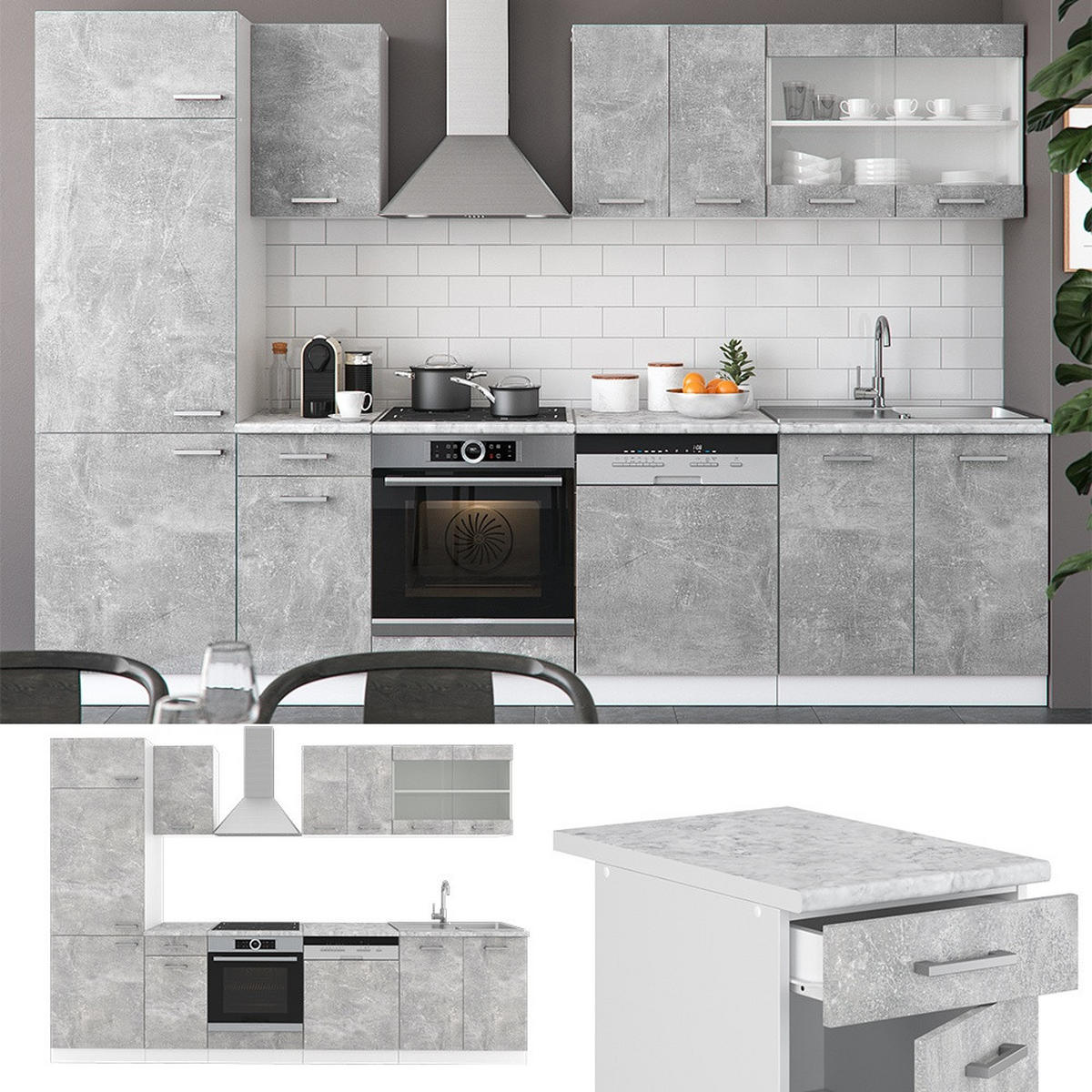 KUCHYNSKÝ KÚT R-Line Betón/Biela 300 cm , AP Oak - sivá/biela, kompozitné drevo (300/206.8/60cm) - Vicco