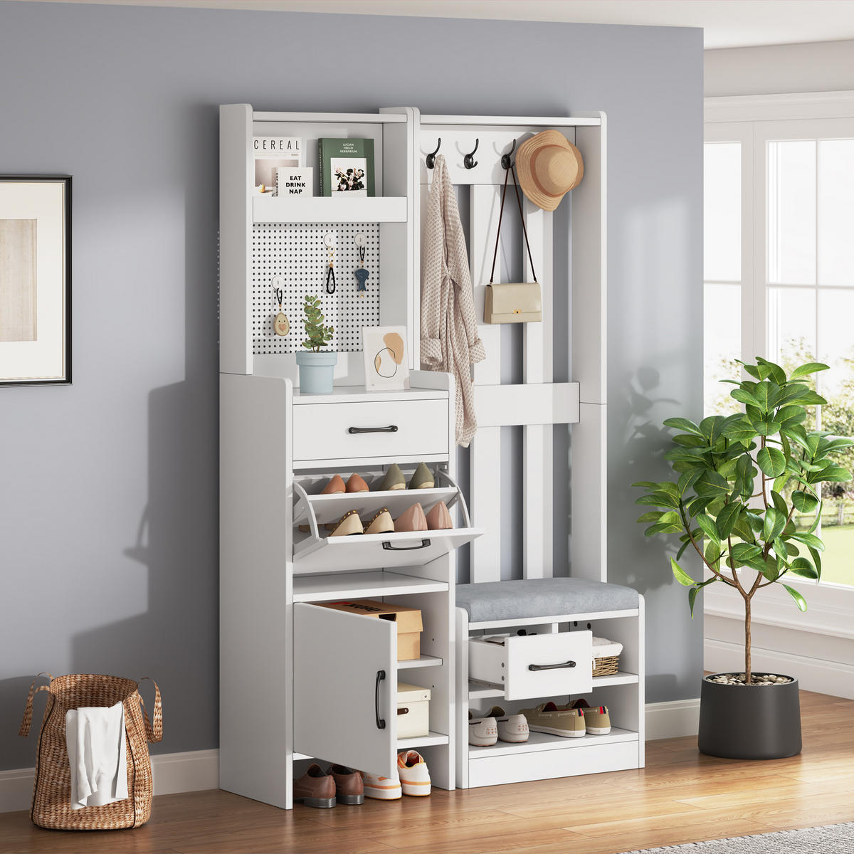 KLEIDERSCHRANK in Weiß Garderobenständer mit Schuhbank, 7 Haken, Lochwand und 2 Schubladen für Flur, B110/T35/H175,5 cm - Weiß, Holzwerkstoff (110/175.5/35cm) - STILVORA