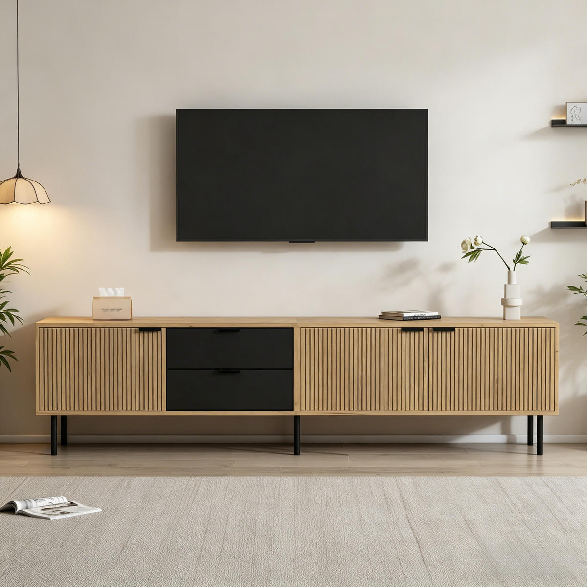 TV-BANK Schwarz/Natur 208/40/48 cm, Soft-Close, Kabelmanagement, 2 Schubladen - Schwarz, Holzwerkstoff (208/48/40cm) - PANGIVO