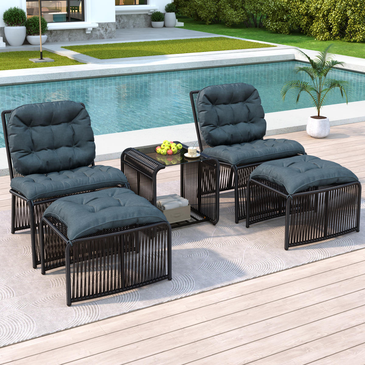 GARTENMÖBEL-SET mit Tisch 51/51/50,5 cm und 2 Stühlen, mit Kissen und Glasplatte, Schwarz/Grau - Schwarz, Metall - Redom