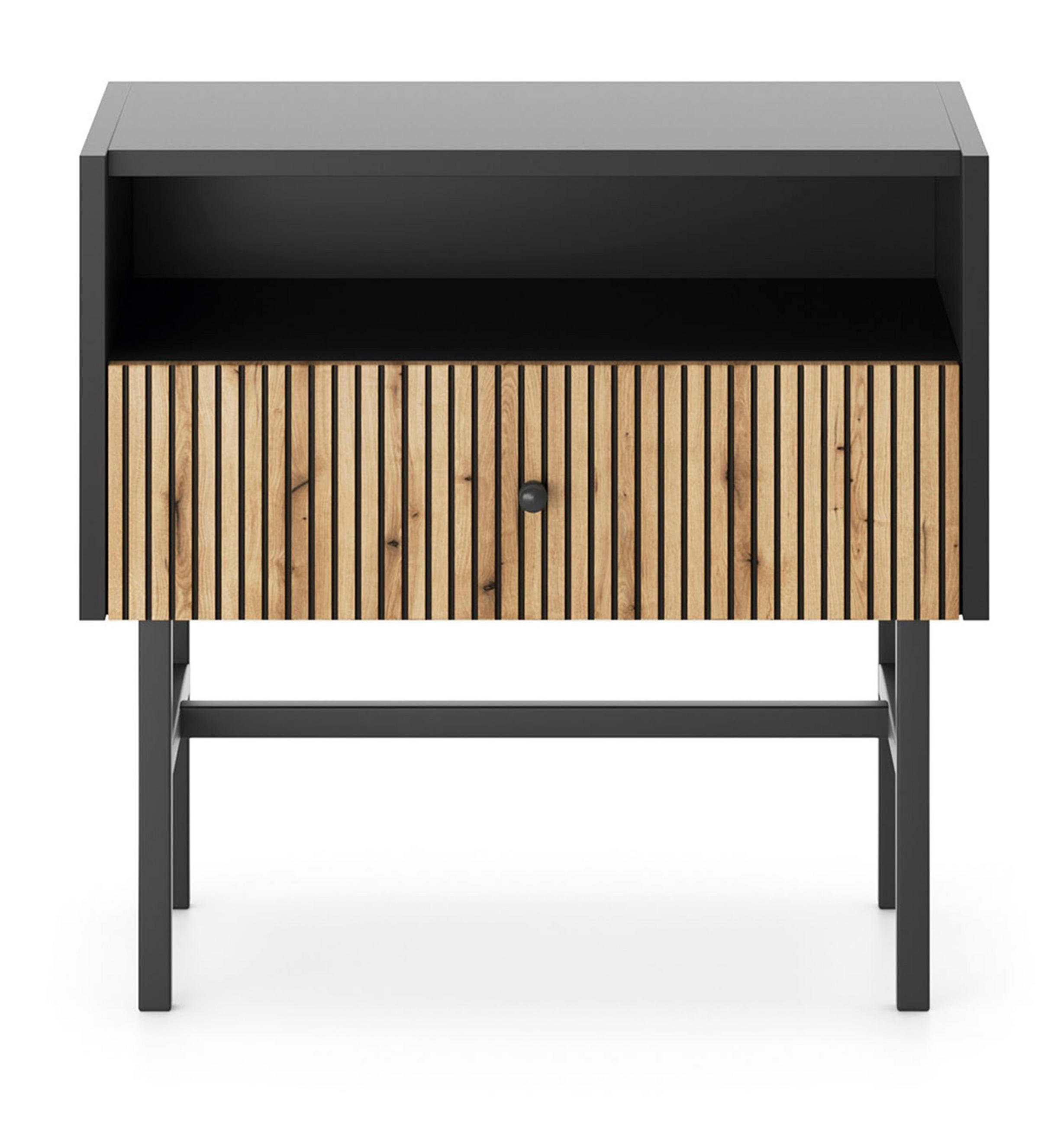 NACHTTISCH Dinley 1S Schwarz, Braun 54,8/52/39 cm – mit langen Beinen und Lamellenfront - Schwarz/Braun, Holzwerkstoff/Metall (54.8/52/39cm) - AX Living