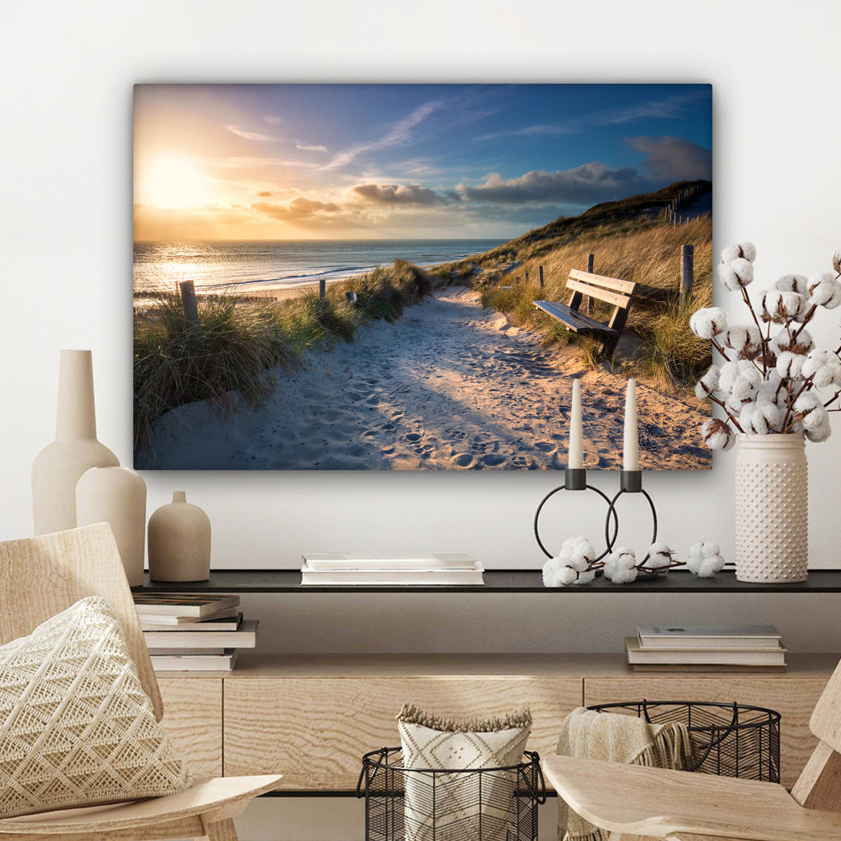 LEINWANDBILD - Sonnenuntergang - Strand - Düne - Gras - Ufer - 90x60 - Deko Wohnzimmer - Sandfarben, Textil (90/60cm) - MuchoWow