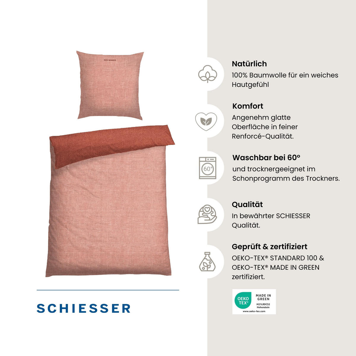 BETTWÄSCHESET Doubleface - Renforcé - 2-teilig - 135 x 200 cm - Terrakotta - Terracotta, Textil (135/200cm) - SCHIESSER