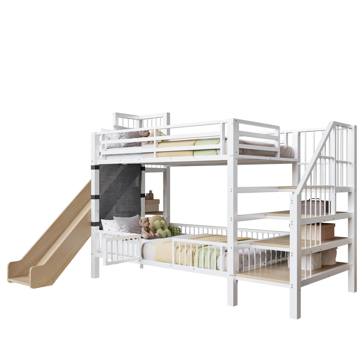 METALL-ETAGENBETT Kinder Weiß 90/200 cm mit Rutsche und Stauraumtreppe - Weiß, Metall - ComfortXL