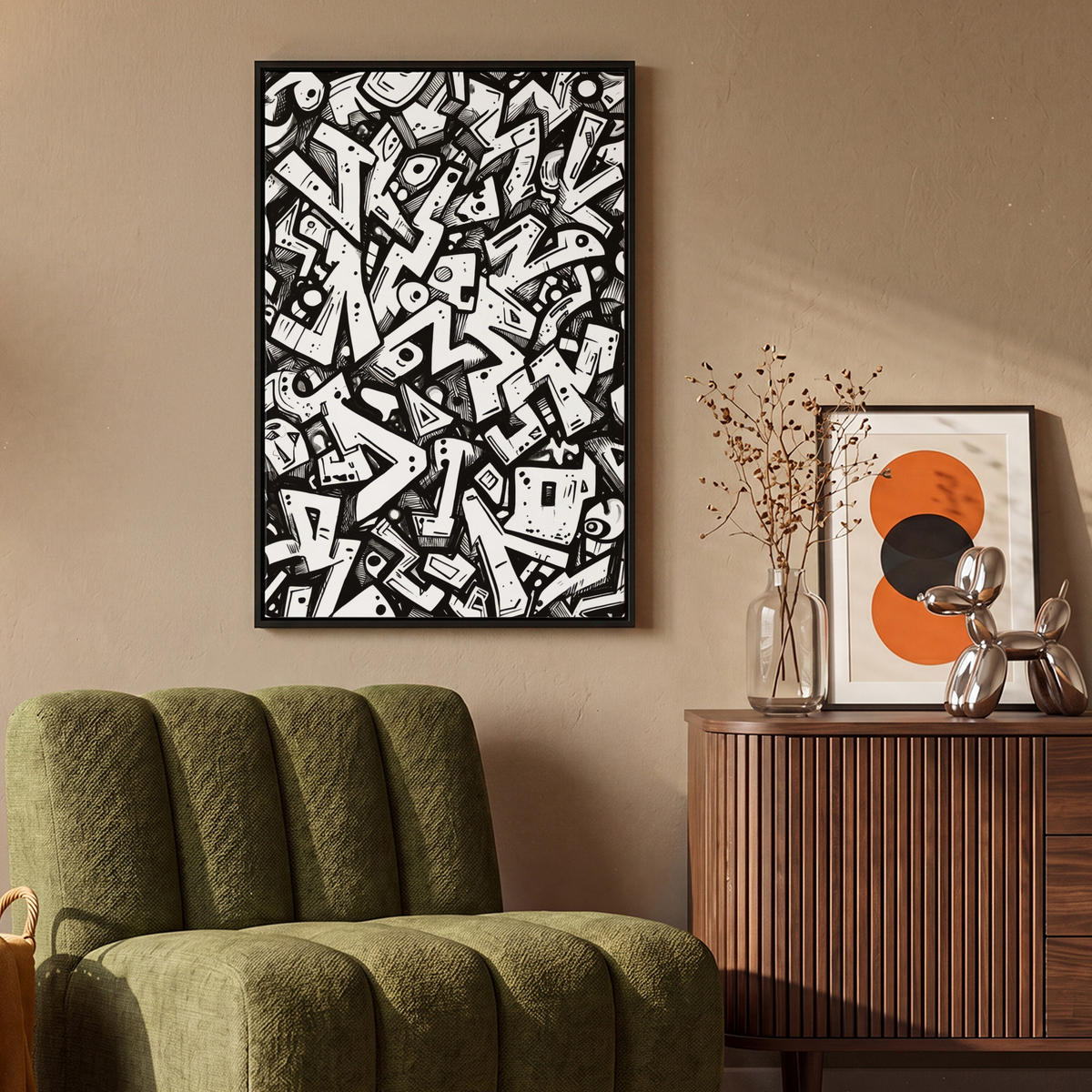 LEINWAND Bilder mit Rahmen - Formen - Buchstaben - Graffiti - Schwarz - 60x90 - Schwarz, Textil (60/90cm) - MuchoWow