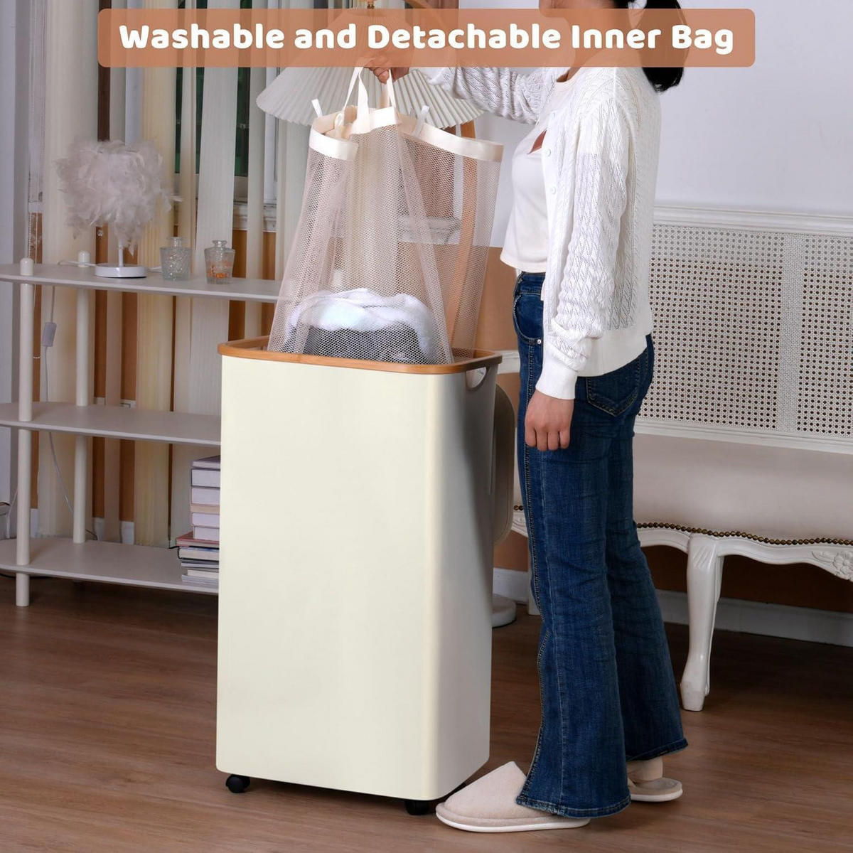 WÄSCHEKORB mit Deckel und Rollen 110L Beige - Creme, Textil (33/79/44cm)