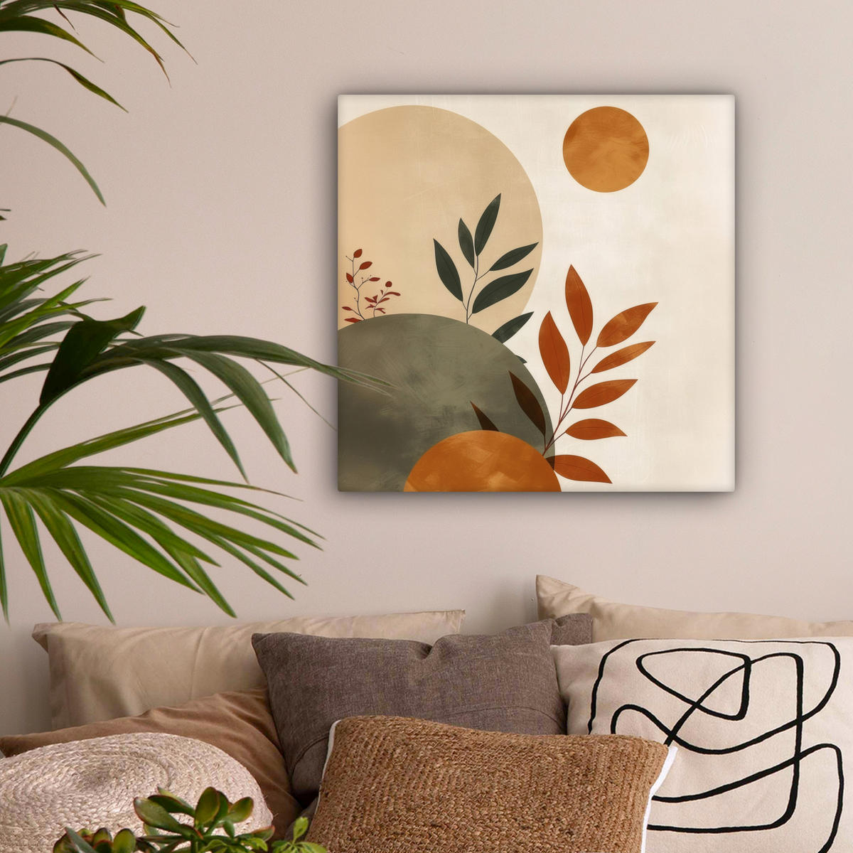 LEINWANDBILD Formen - Rund - Blätter - Beige 50x50 cm - Rostfarben, Textil (50/50cm) - MuchoWow