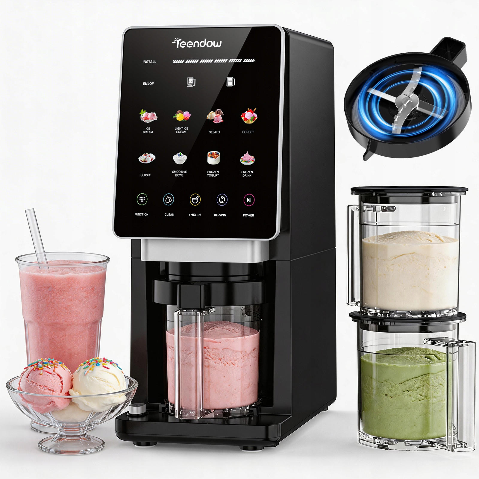 EISMASCHINE 10in1 Weiß 650 ml mit 3 Bechern Re-Spin Touchscreen - Schwarz, Kunststoff (15.7/37.6/33.5cm)