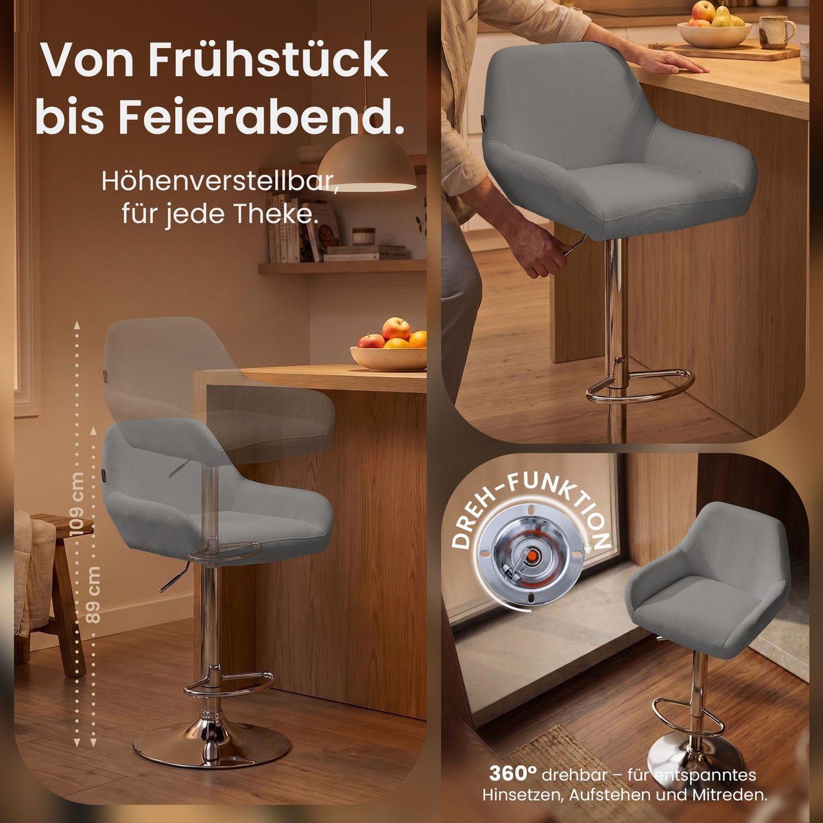 BARHOCKER Stoff grau - Chromfarben/Grau, Textil/Metall (51/89/52cm) - CLP
