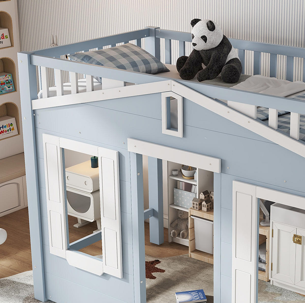VYSOKÁ posteľ 90/200 cm biela/modrá z masívneho dreva a MDF s obojstrannou montážou rebríka - modrá, kompozitné drevo (90/200cm) - OKWISH