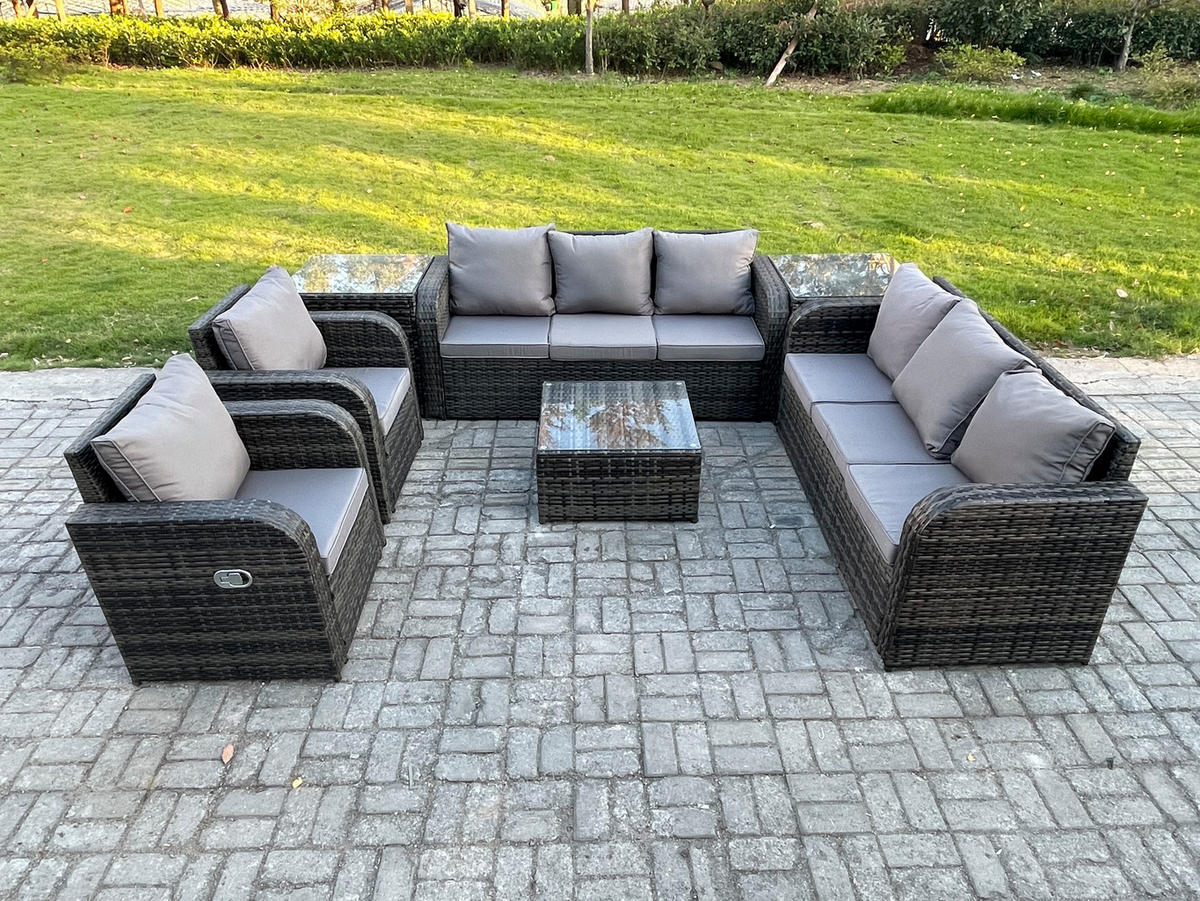 GARTENTISCHGRUPPE Polyrattan Dunkelgrau 7-teilige - Dunkelgrau/Grau, Glas/Kunststoff - Fimous
