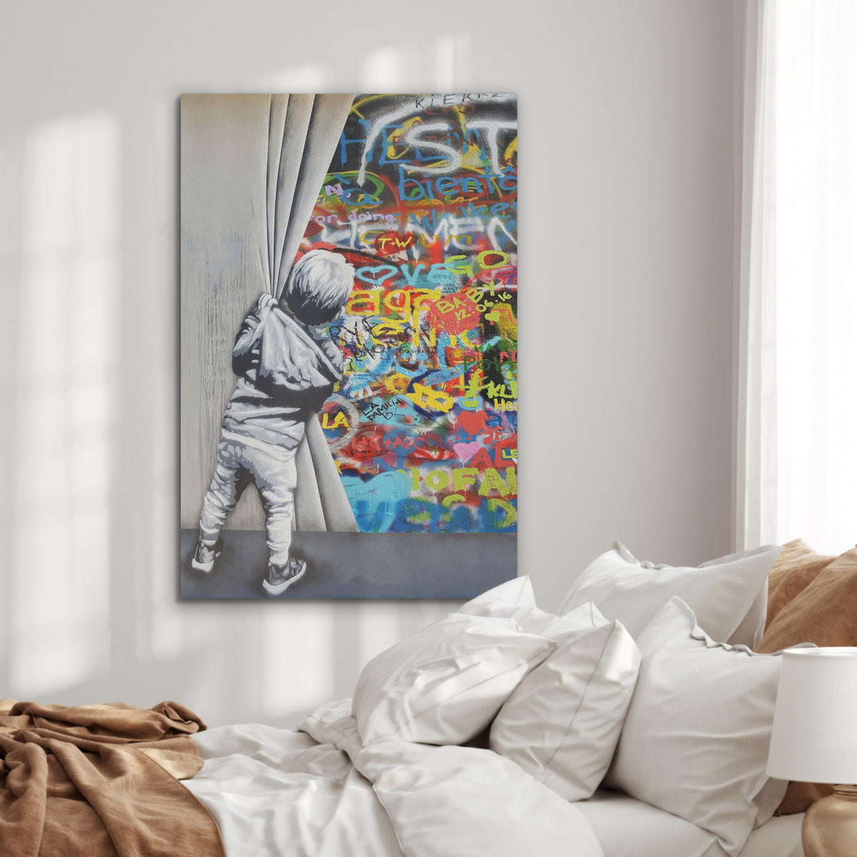 AKUSTIKBILD Graffiti - Junge - Ilussie - Straßenkunst Wanddeko 70x100 cm - Hellgrau, Textil (70/100/0.9cm) - MuchoWow