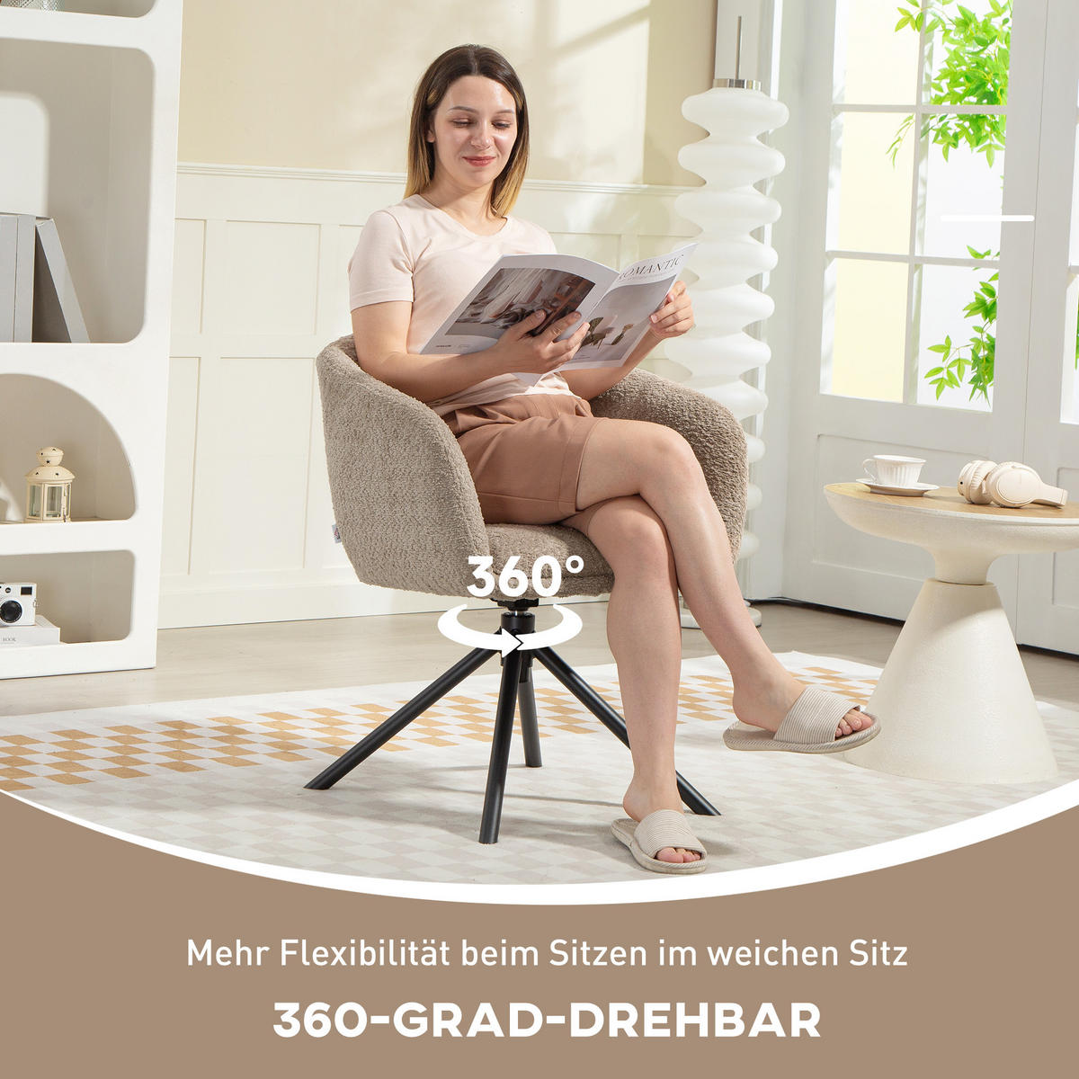 SESSEL Loungesessel mit Armlehne, 360° Drehfunktion, Leinenoptik, Hellbraun - Braun, Textil (58.5/78.5/59cm) - HOMCOM