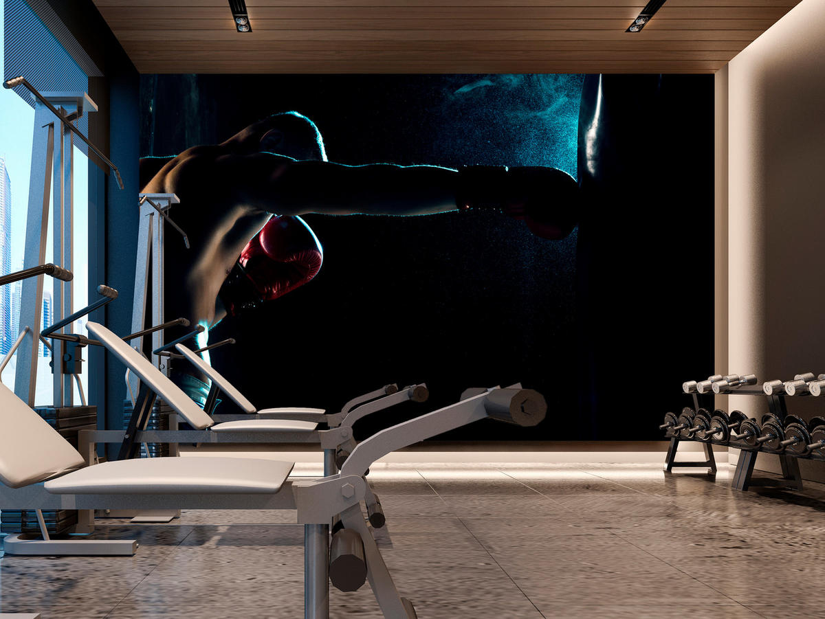 FOTOTAPETE für Jugendzimmer Muskelboxer Training Handschuhe Action 400x280 - Schwarz/Grau, Papier (400/280cm) - Muralo