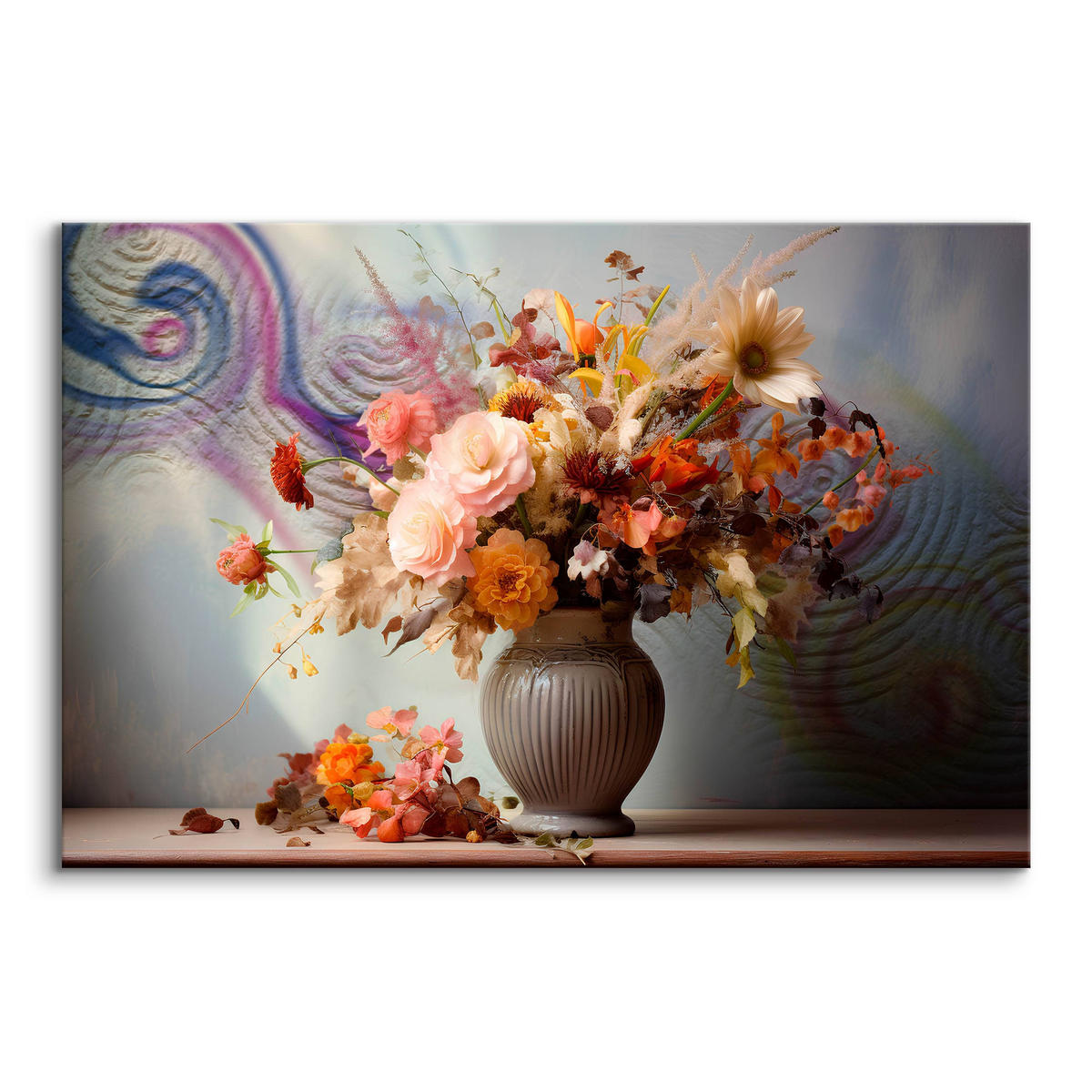 LEINWANDBILD für Wohnzimmer Ornamenten Blumenstrauß in Vase 30cm x 20cm - Blau/Beige, Textil (30/20cm) - Muralo