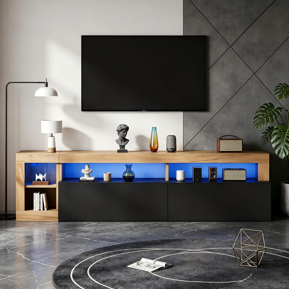 TV-SCHRANK 80 Zoll LED Stauraum Holz Schwarz Lowboard - Schwarz, Holzwerkstoff (184/58/42cm) - FLIEKS