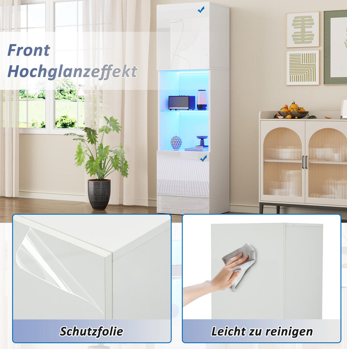 VITRINE 45/35/160 cm in Weiß Hochglanz mit LED-Beleuchtung - Weiß, Holzwerkstoff (45/160/35cm) - Flora Grace