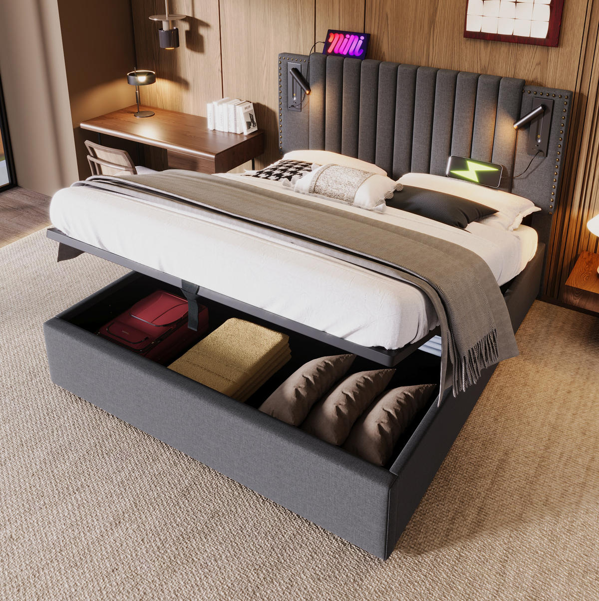 POLSTERBETT aus Baumwolle 160x200 cm Grau mit Bettkasten, Leselicht und USB-Ladeanschlüssen - Grau, Textil (160/200cm) - IVMEU