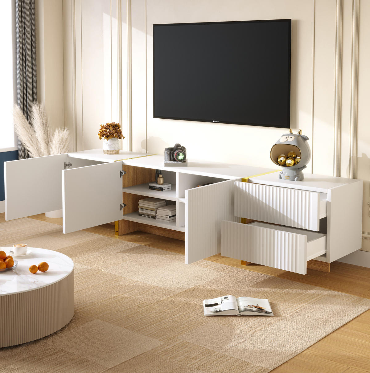 TV-SCHRANK aus MDF und Spanplatte 190x35x45 cm Weiß, Gold und Holzmaserung mit 3 Türen, 2 Schubladen und Dämpfungsscharnieren - Weiß, Holzwerkstoff (190/45/35cm) - Modfu