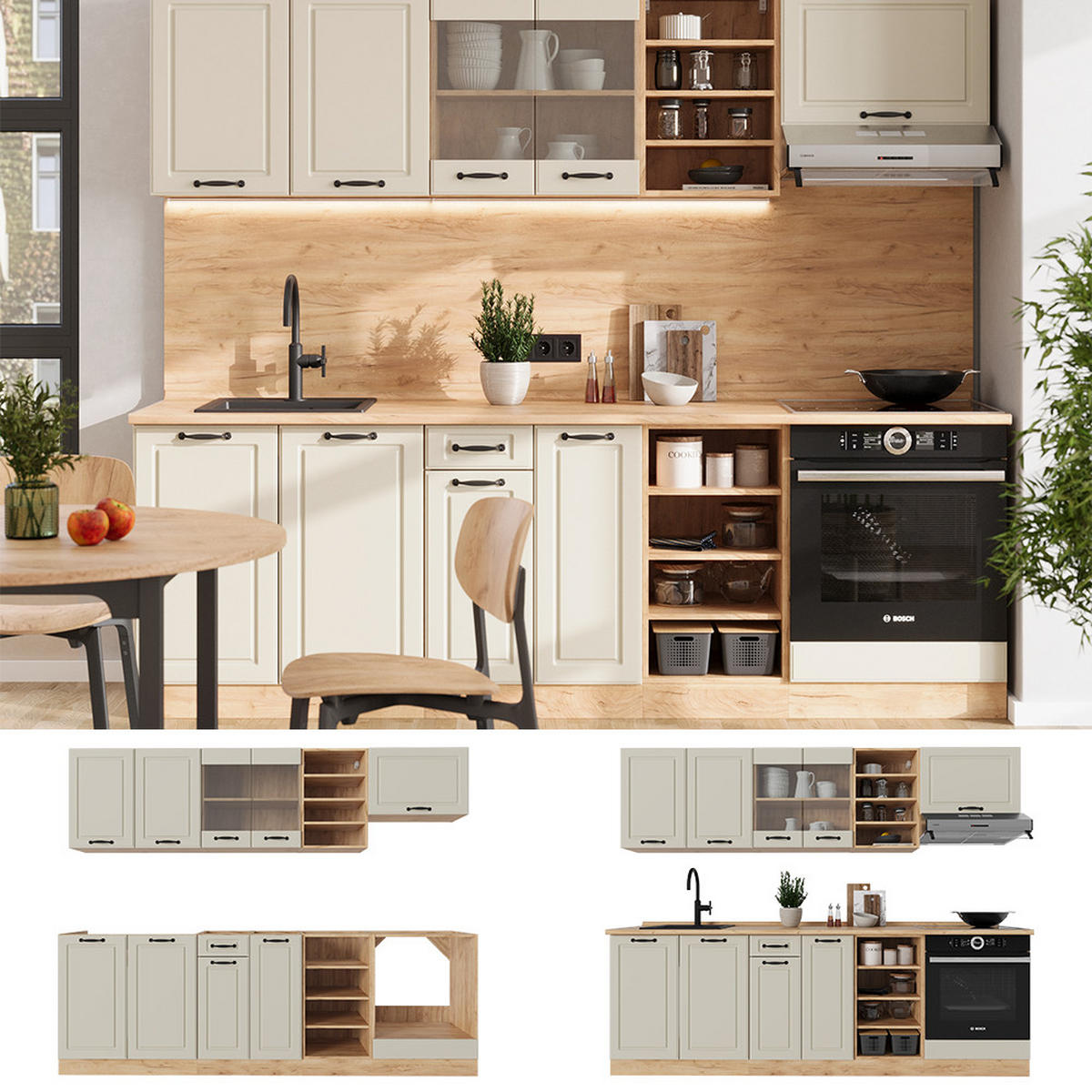 KÜCHENZEILE R-Line, Sand Landhaus/Goldkraft Eiche, 240 cm Arbeitsplatte Goldkraft Eiche - Honigeiche/Beige, Holzwerkstoff (240/206.8/60cm) - Vicco