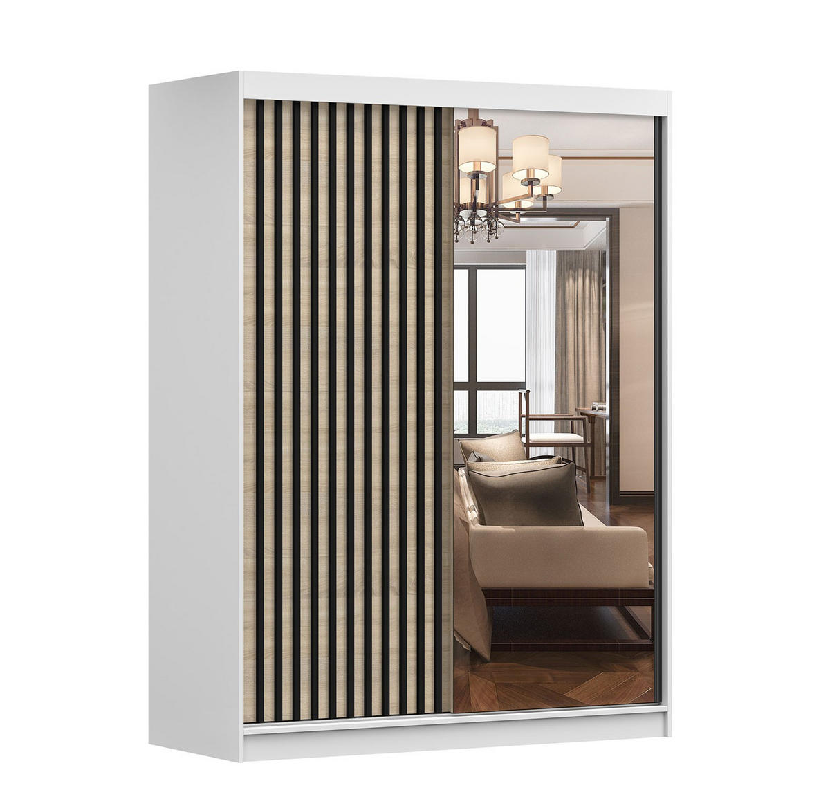 SCHWEBETÜRENSCHRANK Lami S Weiß/Sonoma Eiche + Spiegel, mit LED-Beleuchtung 150cm - Alufarben/Weiß, Glas/Holzwerkstoff (150/200/61cm) - imoebel24