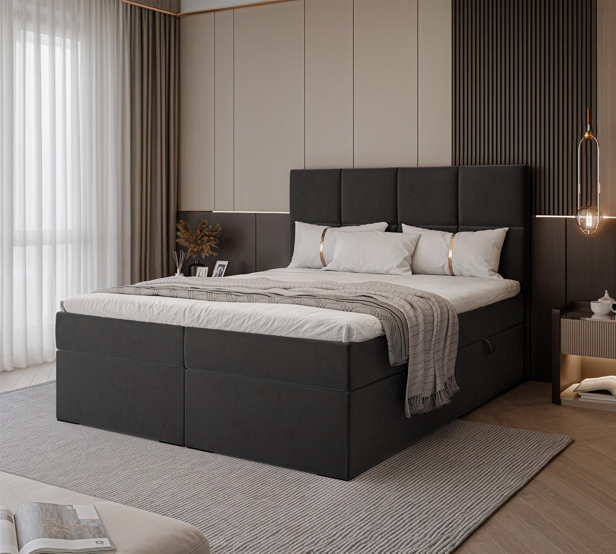 BOXBETT 120x200 cm mit Topper - Schwarz, Textil (120/200cm) - Idohome