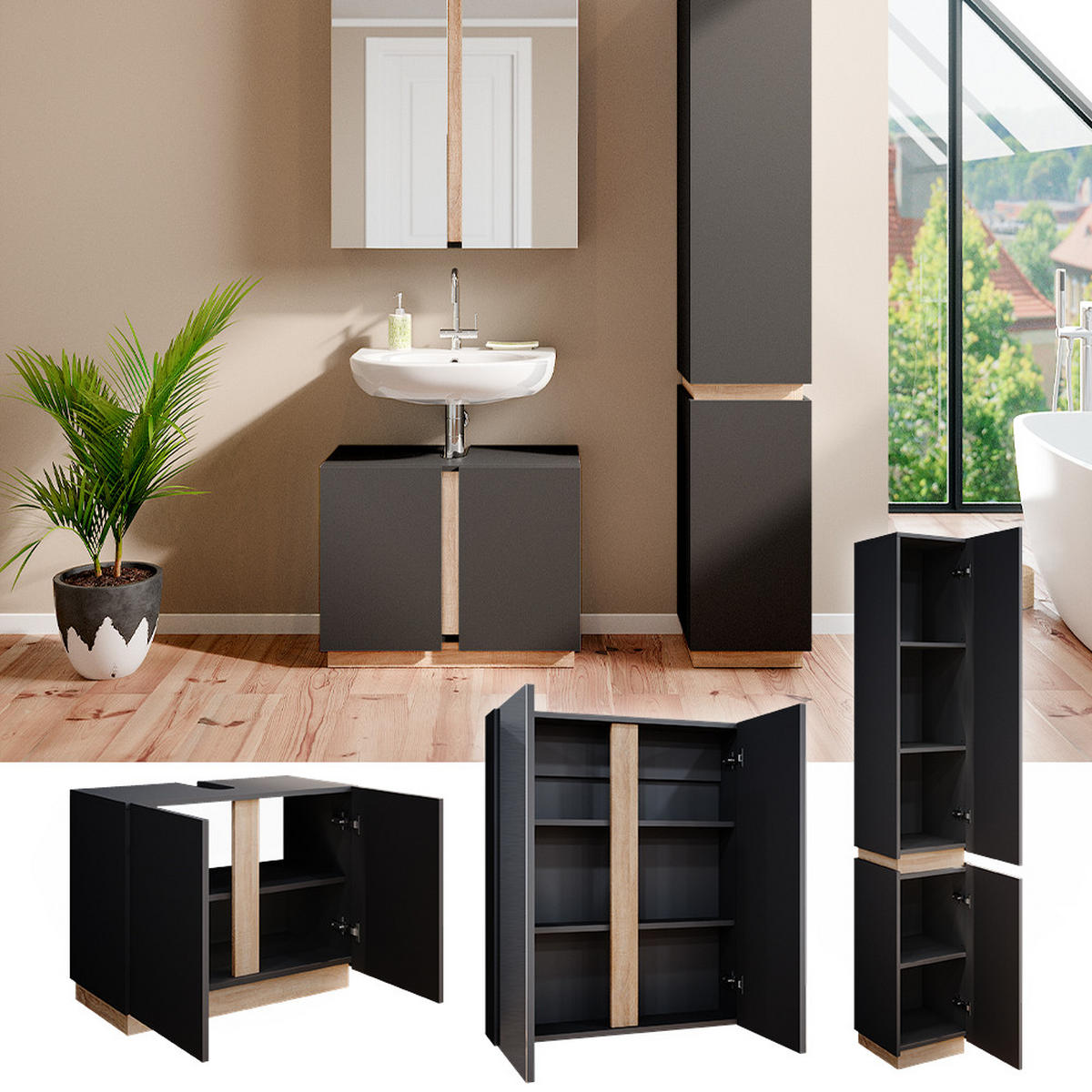 BADMÖBEL-SET Gloria Anthrazit 3 Teile, mit Hochschrank - Anthrazit/Sonoma Eiche, Holzwerkstoff (70/55/34cm) - Vicco