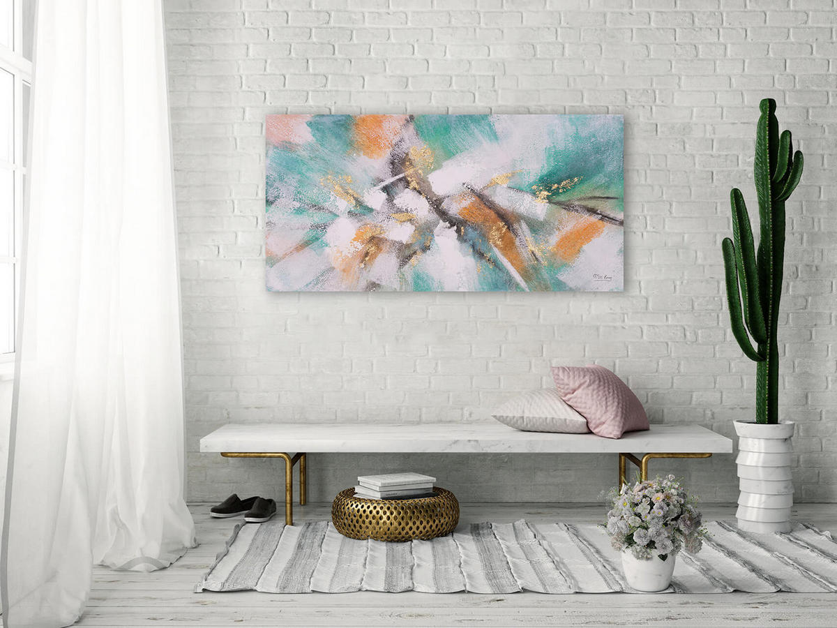 ACRYLBILD HANDGEMALT 120/60 cm - Türkis/Pink, Holz/Textil (120/60cm) - KUNSTLOFT