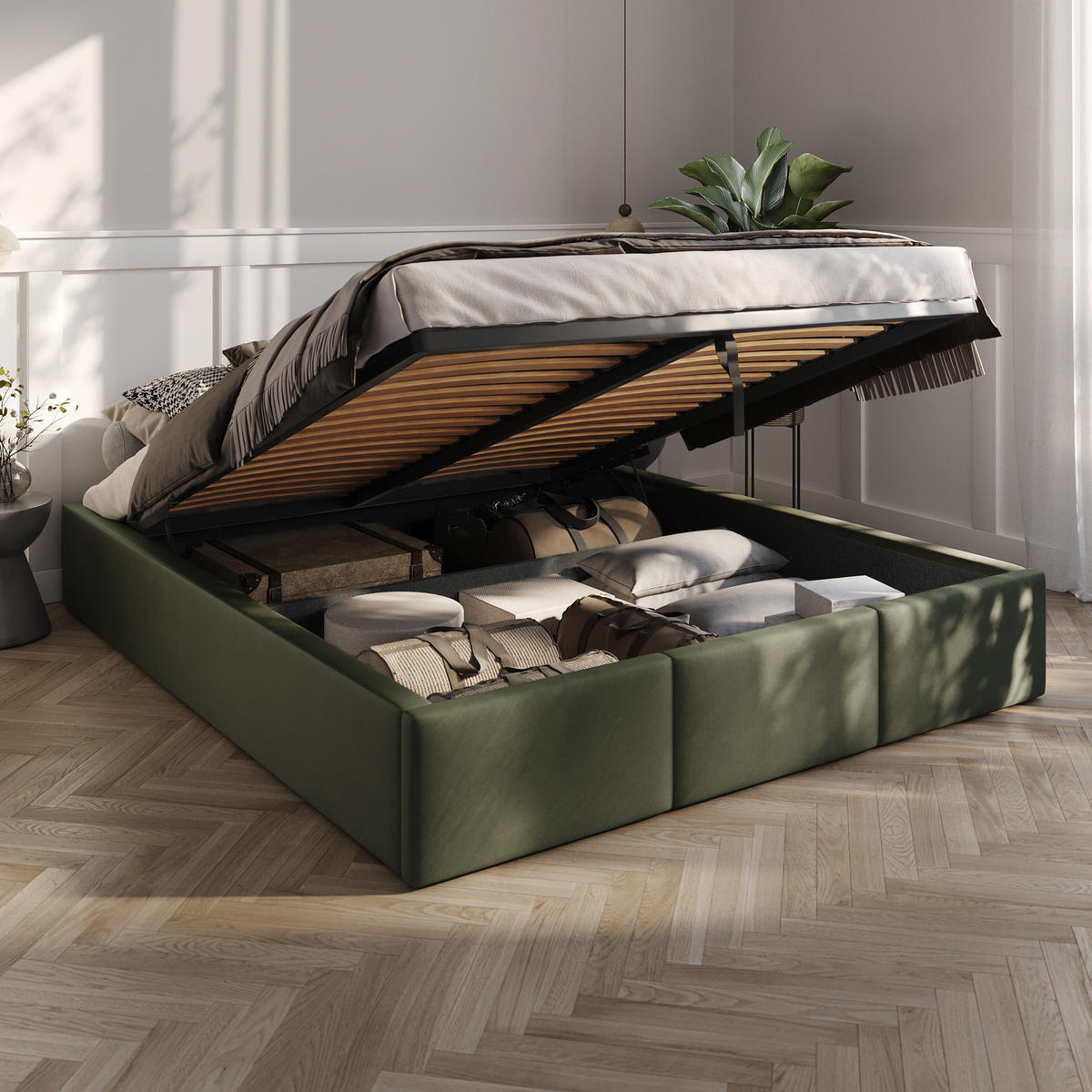 POLSTERBETT für Schlafzimmer Bett mit Stauraum Khaki 160x200cm - Olivgrün, Holzwerkstoff/Textil - Muralo