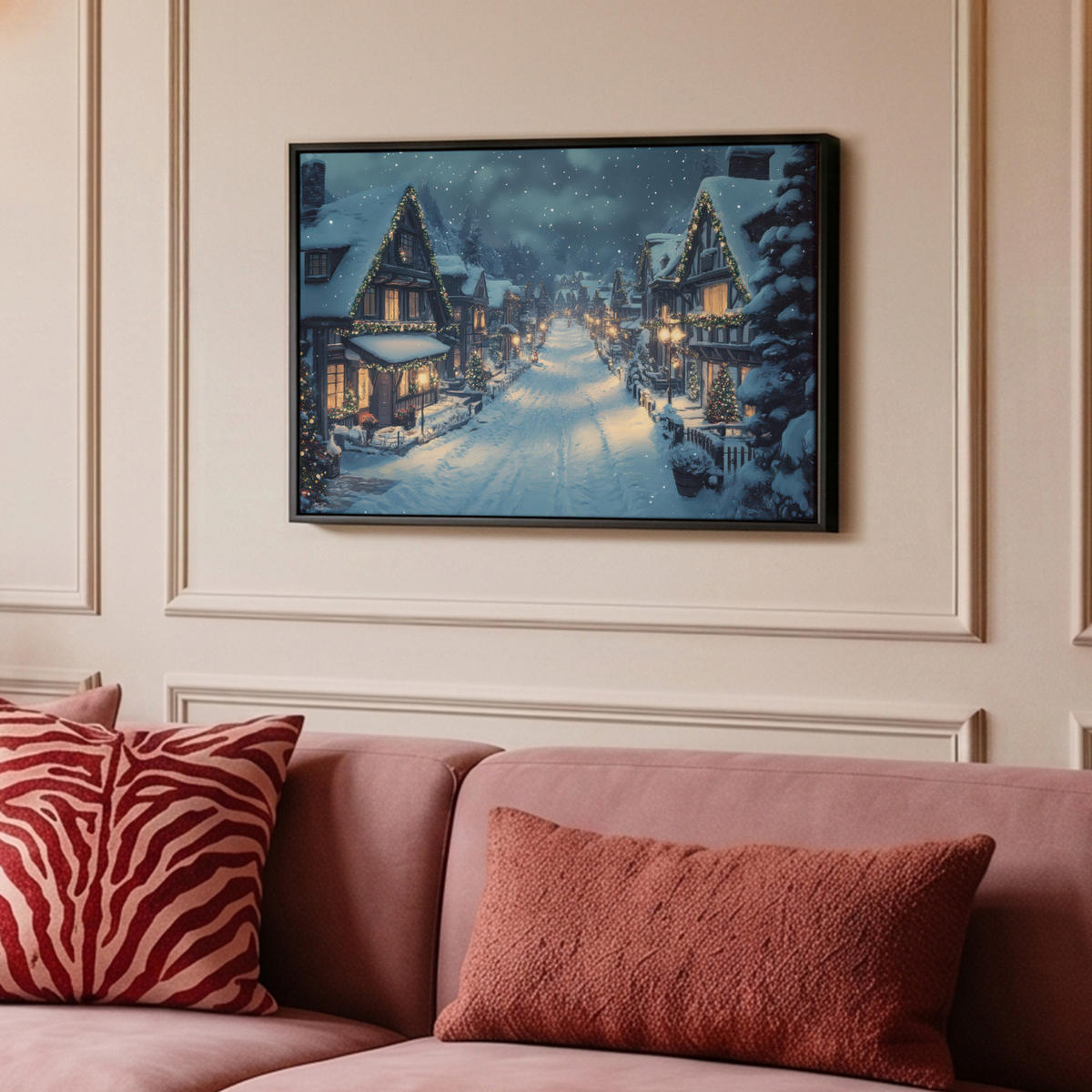 LEINWAND Bilder mit Rahmen - Weihnachtsdorf - Weihnachten - Schnee - Winter - 60x40 - Dunkelblau, Textil (60/40cm) - MuchoWow