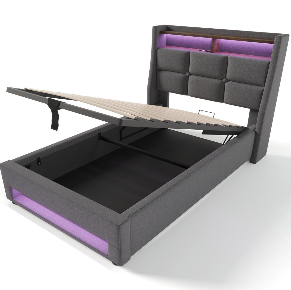 POLSTERBETT mit Stauraum, USB und LED 90x200 cm Leinen Grau - Grau, Metall (90/200cm) - Meubliv
