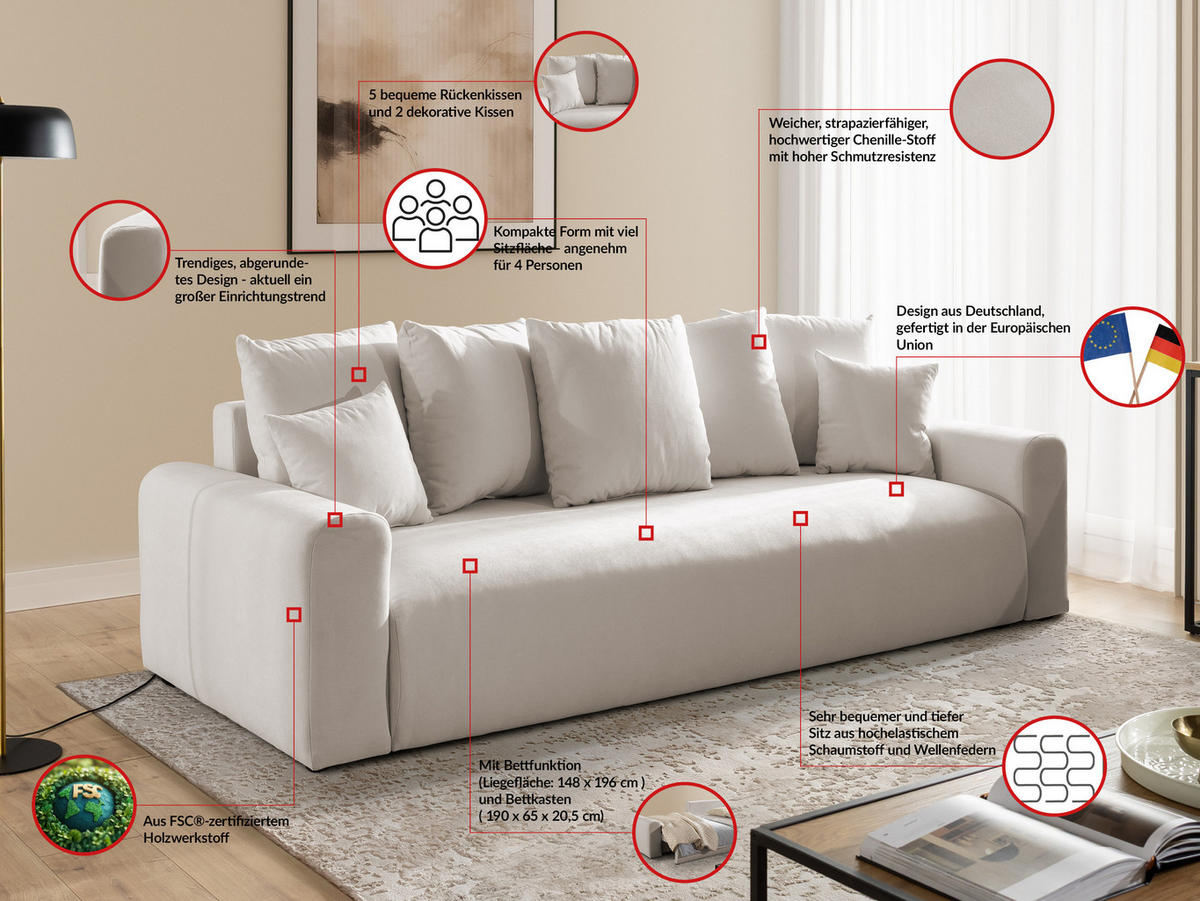 SCHLAFSOFA Calma mit Bettkasten im Bumpy-Design aus weichem Beige Webstoff - Beige/Schwarz, Holz/Kunststoff (239/88/98cm) - S-Style