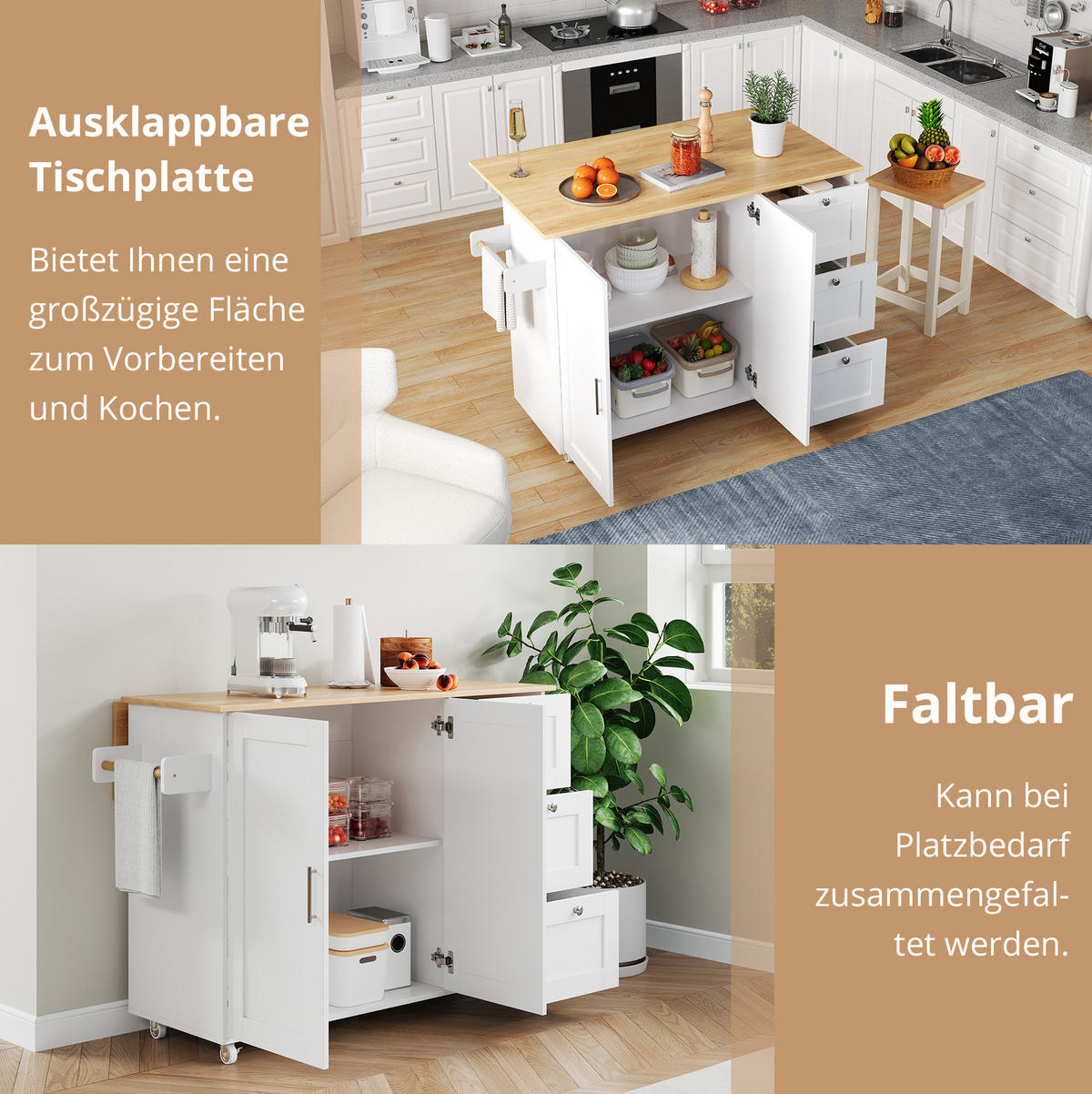 KÜCHENINSEL klappbar mit Stauraum 135 x 70 x 90 cm Weiß/Natur - Weiß, Holz (44/90/135cm) - Beauniv