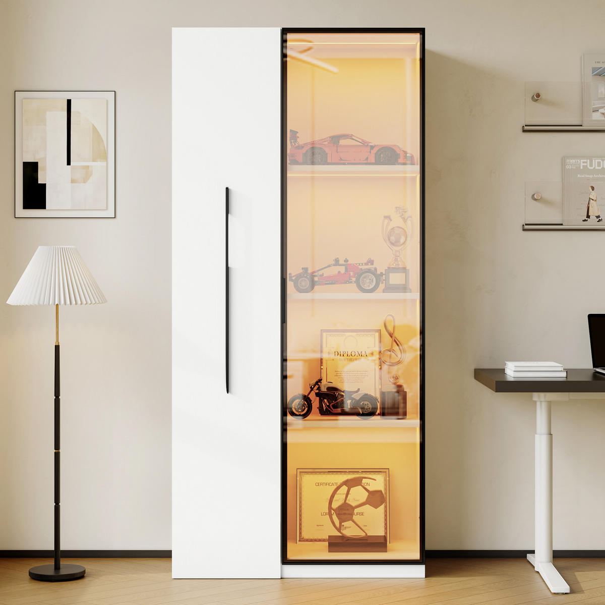 VITRINE 70/40/160 cm aus MDF mit ausziehbarem Bücherregal und LED-Beleuchtung Weiß - Weiß, Holzwerkstoff (70/160/40cm) - Modenvie