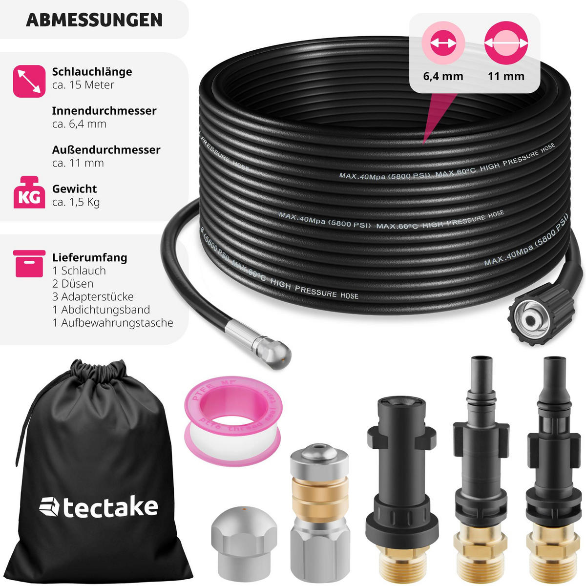 ROHRREINIGUNGSSCHLAUCH-SET ,inkl. Aufbewahrungsbeutel,schwarz - Schwarz, Kunststoff (150/1.5/1.5cm) - tectake