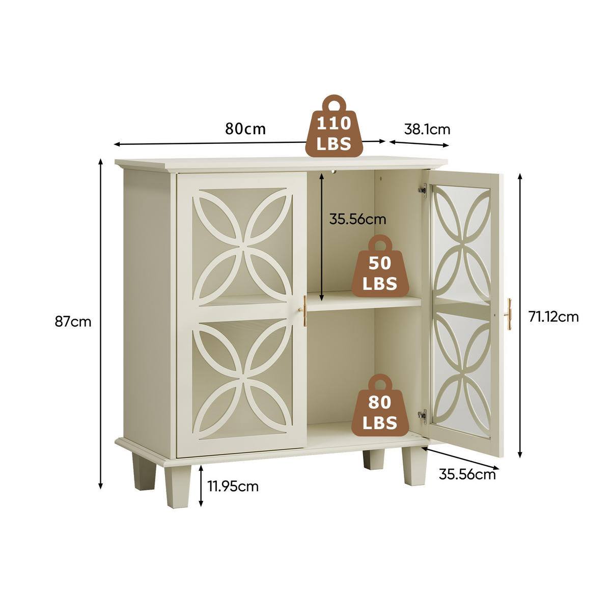 SIDEBOARD aus MDF und Holzwerkstoff 80x38x87 cm Creme mit Hartglastüren, verstellbaren Einlegeböden und Kippschutz - Creme, Holzwerkstoff (80/87/38cm) - Modfu