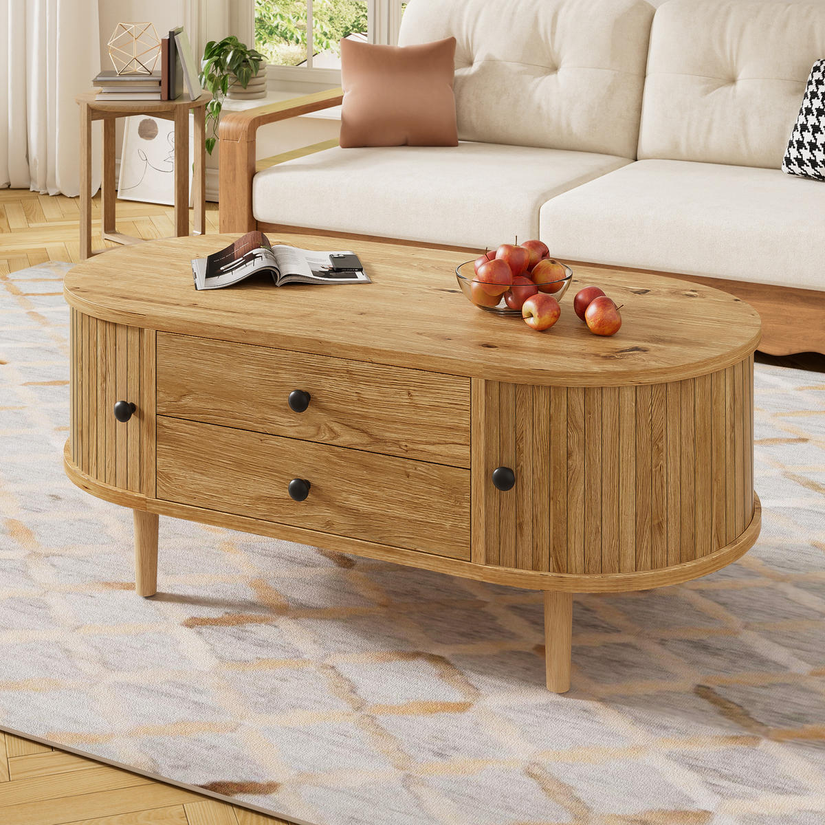 COUCHTISCH Oval Leisten Schiebetüren 2 Schubladen MDF - Eichefarben, Holzwerkstoff (100/50/40cm) - FLIEKS